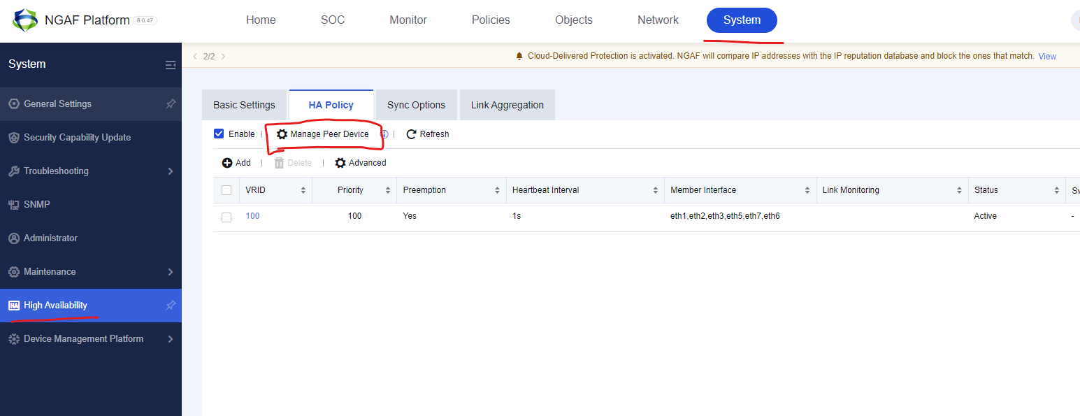 Manage Peer Device on HA page