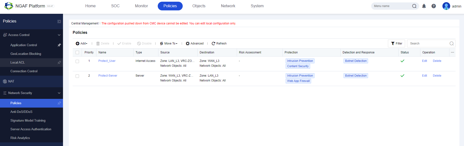Network Security Policy Menu