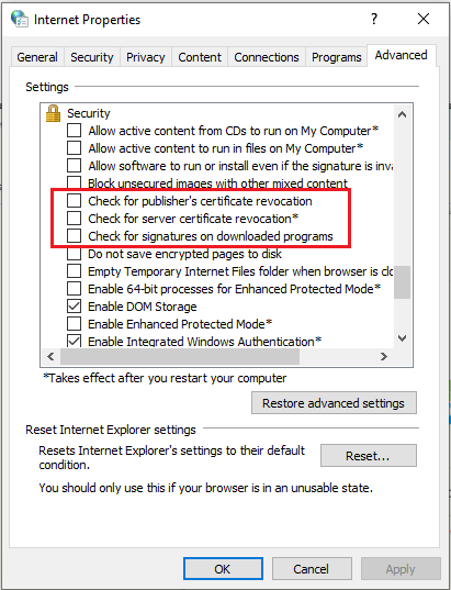 Internet Options Advanced Security Settings