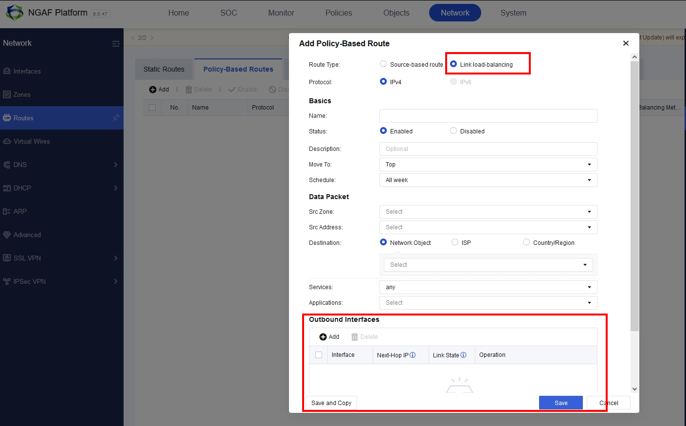 Link Load-Balancing Route Menu