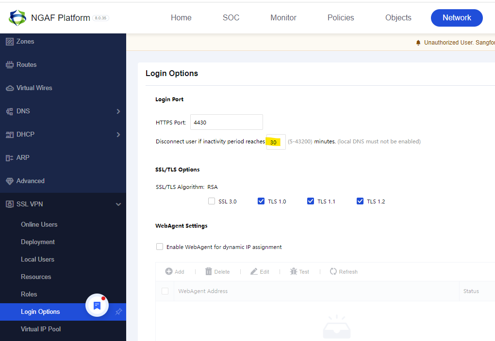 Login Options Timeout
