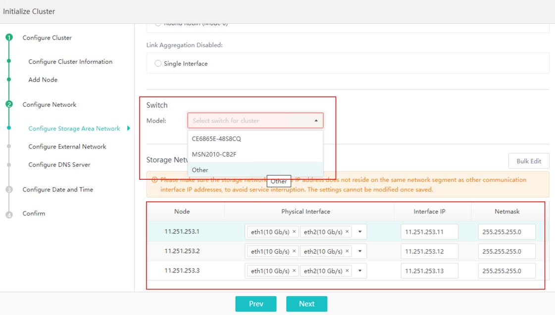 physical network page showing new aggregate subinterface creation with interface dropdown options
