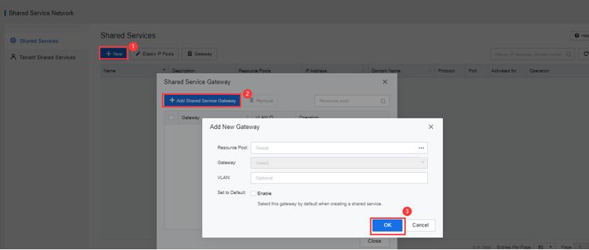 A management interface window for shared service gateways, featuring an add button and a placeholder for data.