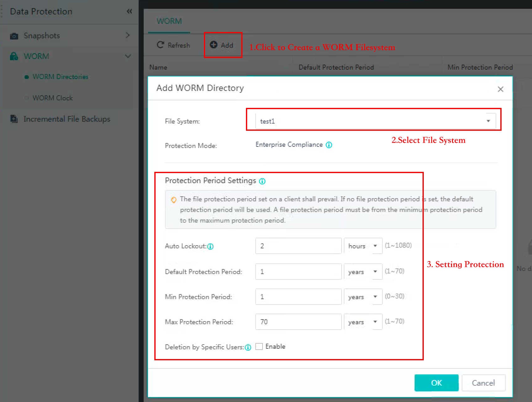 worm enterprise compliance settings with protection period options and deletion by specific users ch
