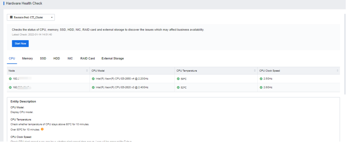 Hardware Health Check dashboard showing detailed CPU specifications, temperatures, and clock speeds for server nodes in a cluster.