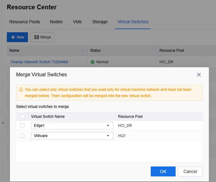 Edit Virtual Switch form with Node Settings showing interfaces, IP, VLAN, and MTU