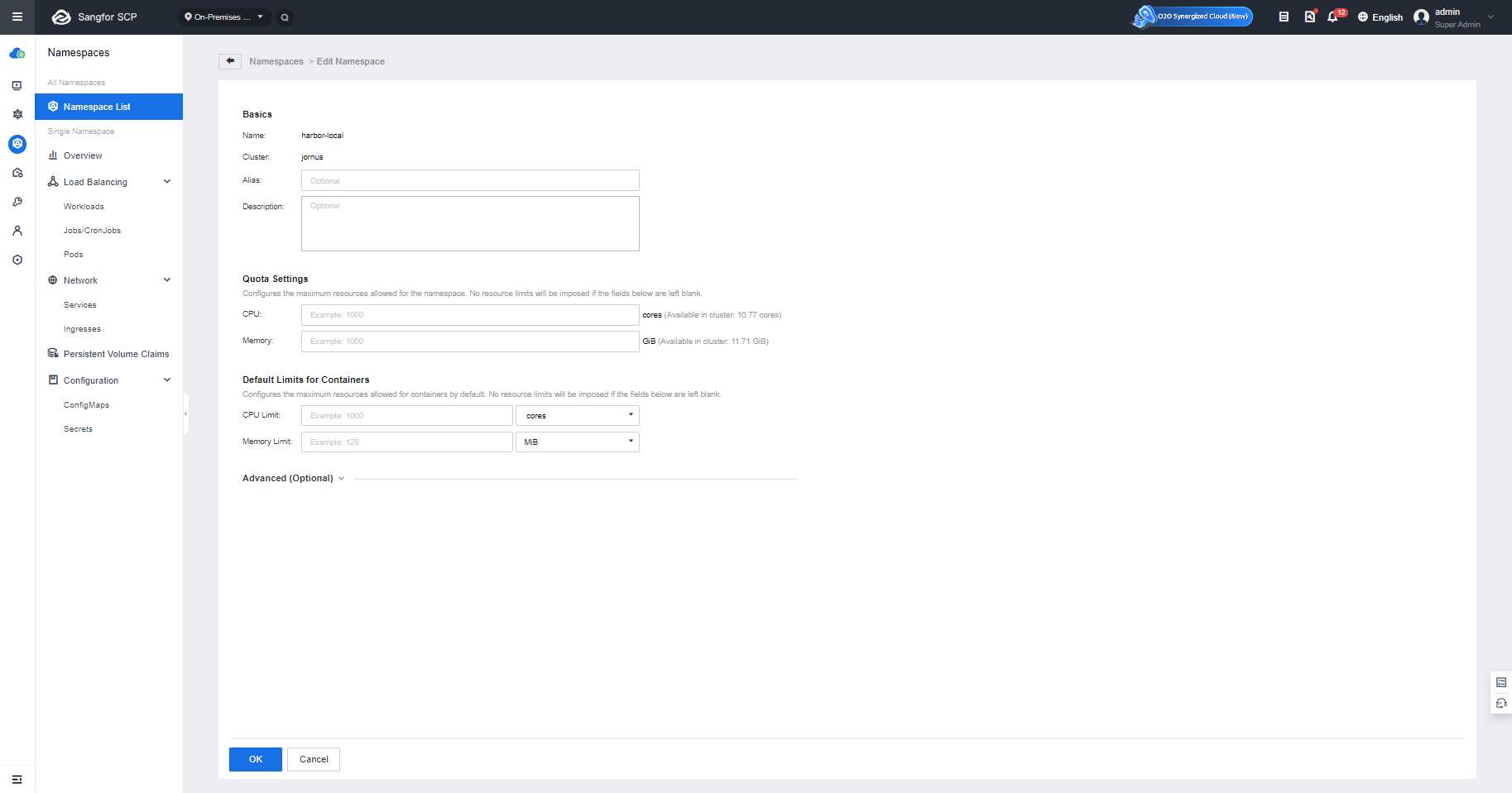Create Namespace form