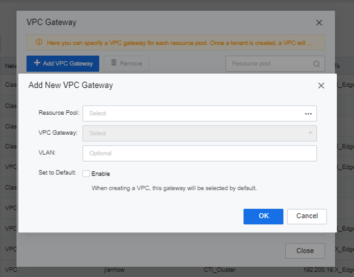VPC Gateway dialog - Add VPC Gateway, Resource Pool, VPC Gateway, VLAN, Set to Default