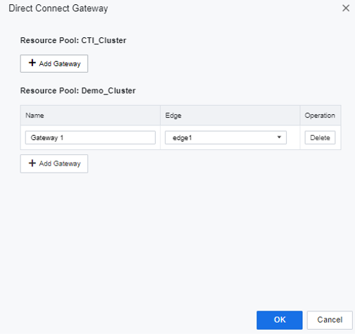 Direct Connect Gateway dialog - Resource Pool, Gateway names, Edge selection