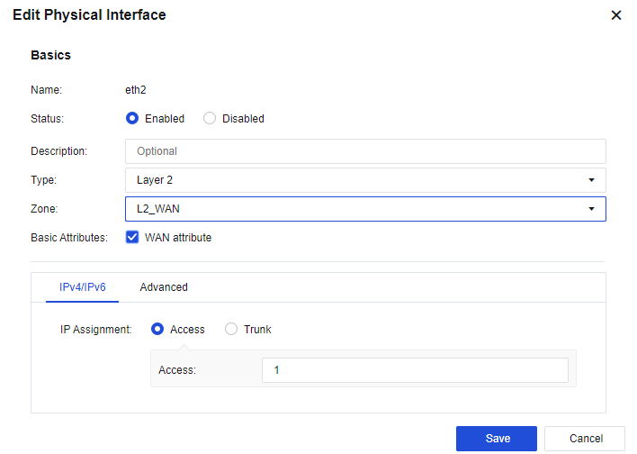 NGAF web UI showing Edit Physical Interface for eth1 configured as Layer 2 type in L2_LAN zone with WAN attribute checked, Access mode VLAN 1