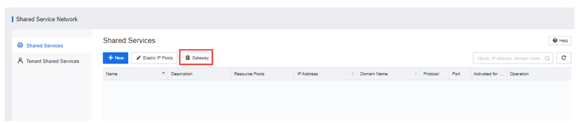 Web interface showing the Shared Services management page with the Gateway button highlighted in a red box.