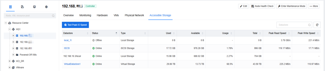 UI screenshot of a virtual machine hardware configuration page showing CPU, memory, disks, and network interface settings.