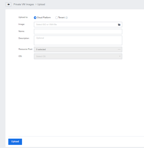 Interface for uploading private virtual machine images to either a cloud platform or specific tenant with detailed metadata fields.