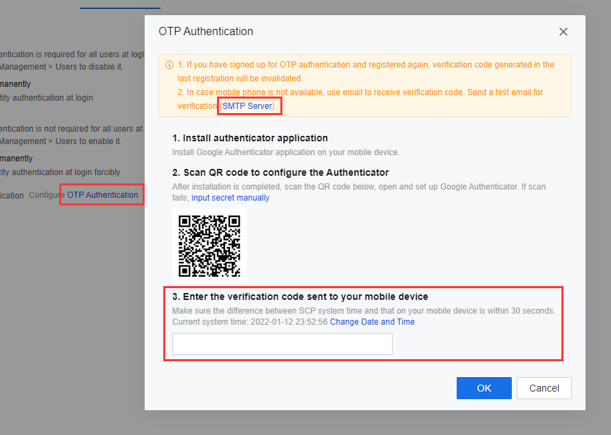 A detailed form for configuring SMTP server settings, including sender address, encryption protocol, and authentication credentials.