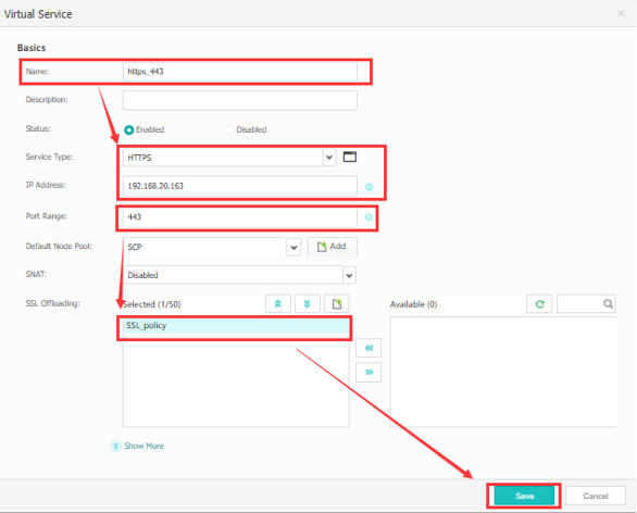 UI screenshot of an SSL Offloading configuration page with protocol selection and encryption algorithm lists.