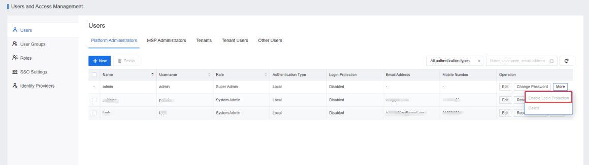Main menu for the Sangfor Cloud Platform console with options to configure network, test connectivity, or restart.