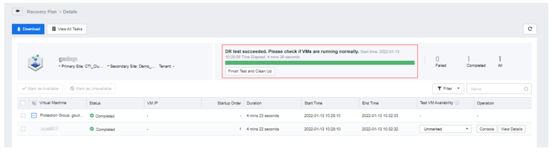 Informational first step of a disaster recovery test wizard outlining virtual machine and network test conditions.