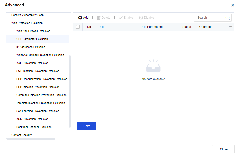 NGAF web UI showing Advanced settings with URL Parameter Exclusion selected, showing Add/Delete/Enable/Disable buttons with columns (No, URL, URL Parameters, Status, Operation)
