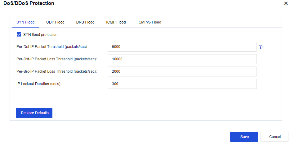 NGAF web UI showing Add Inbound Attack Protection Policy dialog with Name, Status, Source WAN Zone, ARP flood protection, Protection Features (Scan Type, Network Object, Attack Type showing DNS/ICMP/SYN/UDP flood), Action (Log events, Block)