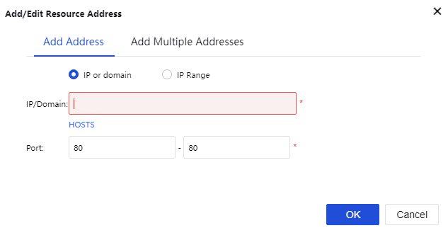 SSL VPN Resources Edit L3VPN page with Add/Edit Resource Address dialog showing Add Multiple Addresses tab with example IP:port formats