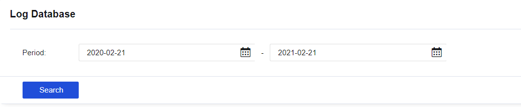 Log Database results showing daily log entries with Date and Data Size columns listing storage usage per day (ranging from 2,150 KB to 8,516 KB)