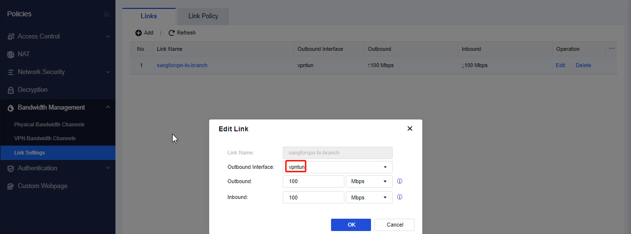 NGAF web UI showing Policies > Bandwidth Management > VPN Bandwidth Channels page with Add VPN Bandwidth Channel dialog showing Name (FTP), Bandwidth Channel options with Link selection, Channel Type (Limited channel), Outbound/Inbound Max percentage and Mbps fields, and Priority setting