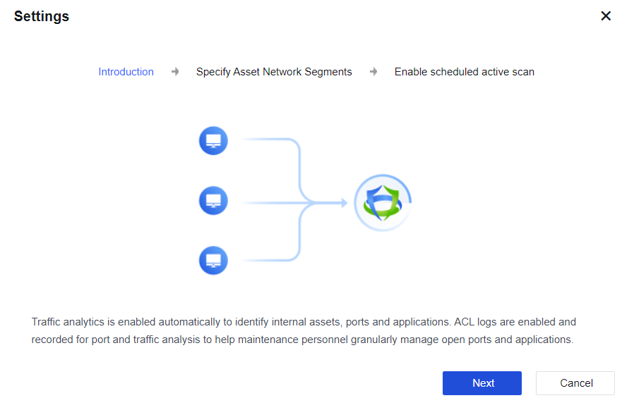 NGAF web UI showing Asset Management Settings wizard at Specify Asset Network Segments step with Server Network and Host Network fields (showing private IP ranges 10.0.0.0-10.255.255.255, 172.16.0.0-172.31.255.255, 192.168.0.0-192.168.255.255), with Next button
