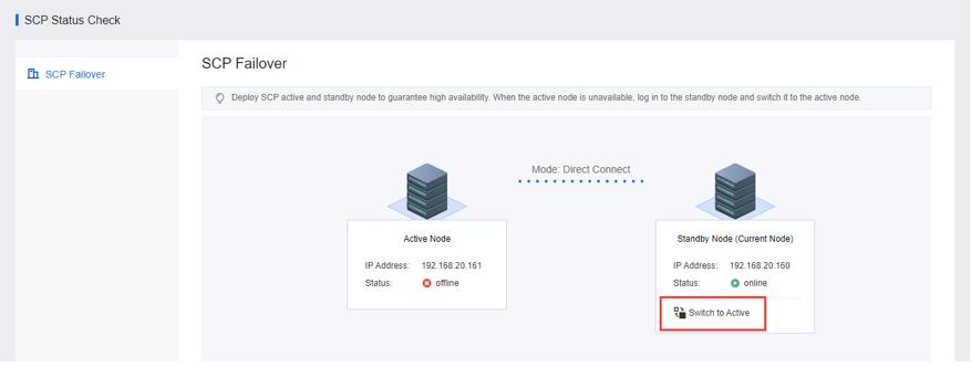 UI screenshot of an SCP status check page showing failover configuration for active and standby nodes.