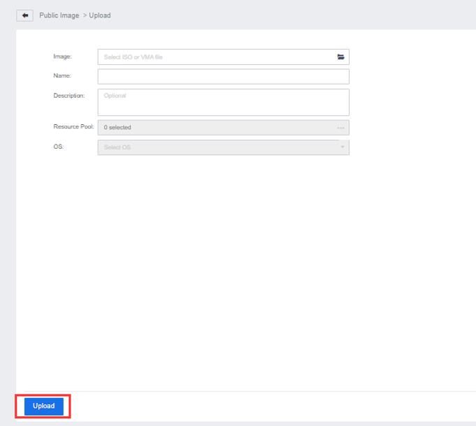 Create Image configuration form with fields for image name, description, operating system selection, and resource pool assignment.