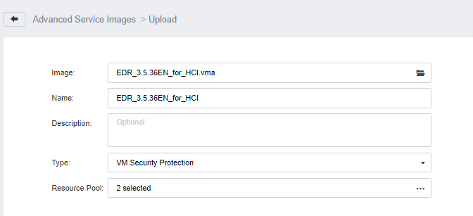 Advanced Service Images dashboard displaying a list of security protection images with the primary upload action button highlighted.