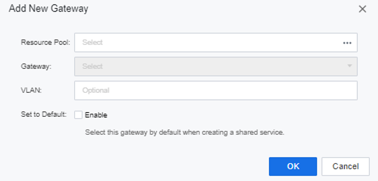 Dashboard showing tenant network settings with an overlaying modal window for adding a new VPC gateway to the system.