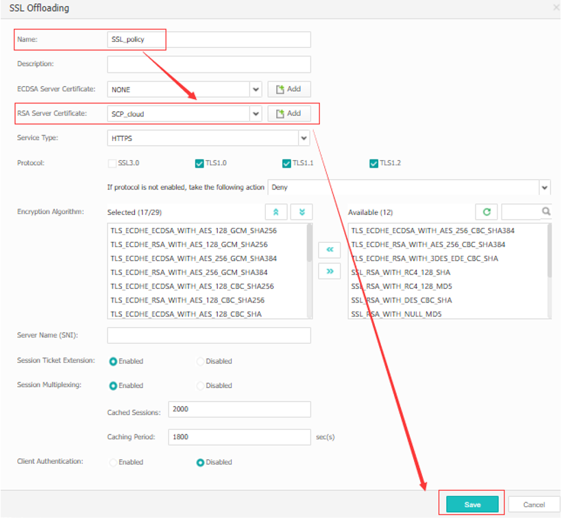 UI screenshot showing a dialog for importing an SSL certificate with name, description, and upload fields.