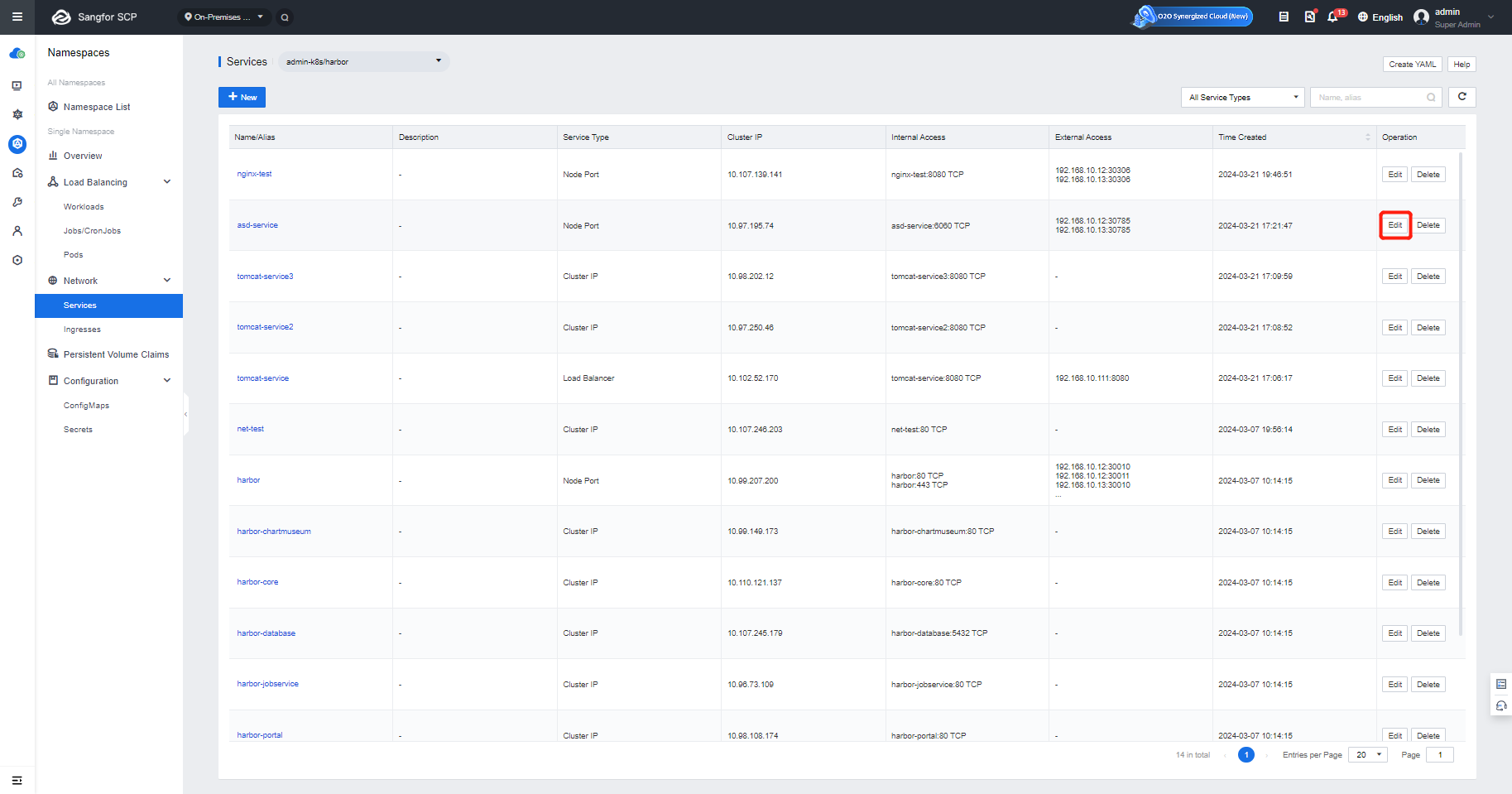 Service creation page