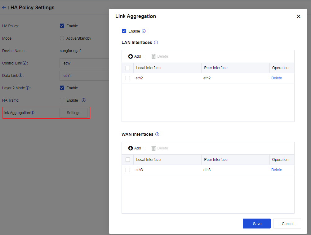 NGAF web UI showing HA Policy Settings page with Link Aggregation dialog open, showing Enable checkbox, LAN Interfaces (eth2-eth2 pair) and WAN Interfaces (eth3-eth3 pair) for aggregate interface configuration