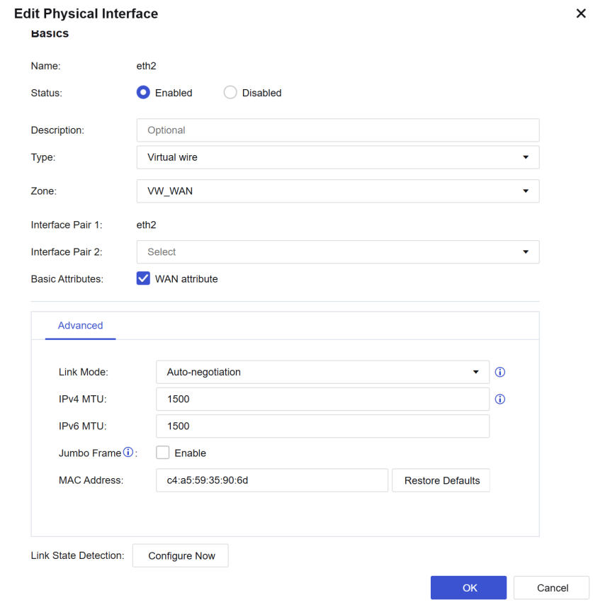 NGAF web UI showing Edit Physical Interface for eth2 configured as Virtual Wire type in VW_WAN zone with WAN attribute, Advanced settings showing auto-negotiation and MTU 1500