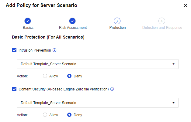 NGAF web UI showing Add Policy for Server Scenario wizard (Step 3: Protection) with Intrusion Prevention and Content Security checkboxes enabled, using Default Template_Server Scenario with Deny action