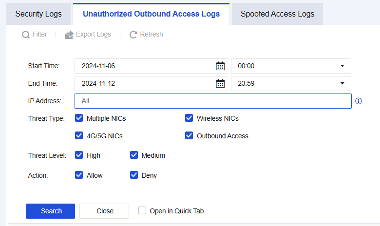 NGAF web UI showing Unauthorized Outbound Access Logs search/filter page with Start/End Time, IP Address, Threat Type (Multiple NICs, Wireless NICs, 4G/5G NICs, Outbound Access), Threat Level, and Action filters