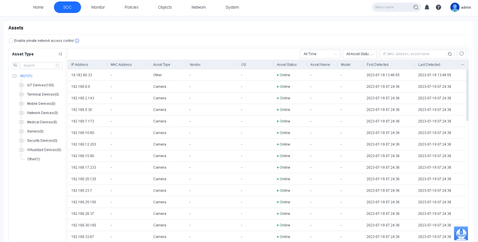 NGAF SOC > IoT Security > Asset Discovery configuration page showing Asset Scope (Zone, IP Address) and Identification Method with endpoint traffic identification enabled