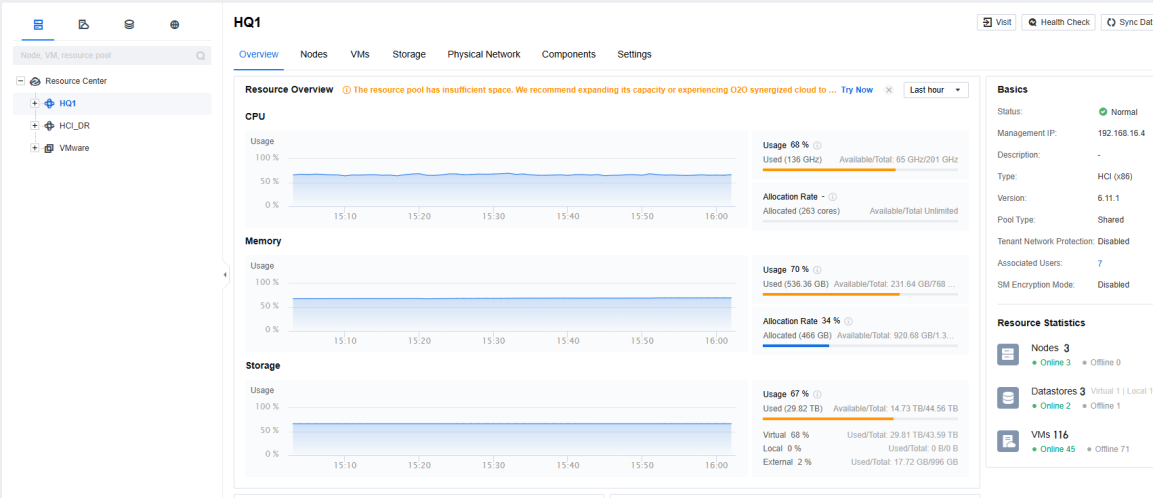 Resource quota management page showing current usage and limits for compute, storage, and database resources.