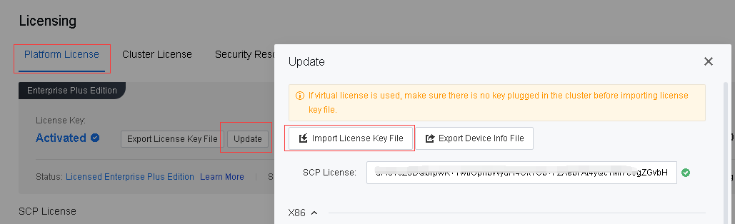 System licensing page showing navigation menu and the platform license status for a Sangfor Cloud Platform deployment.