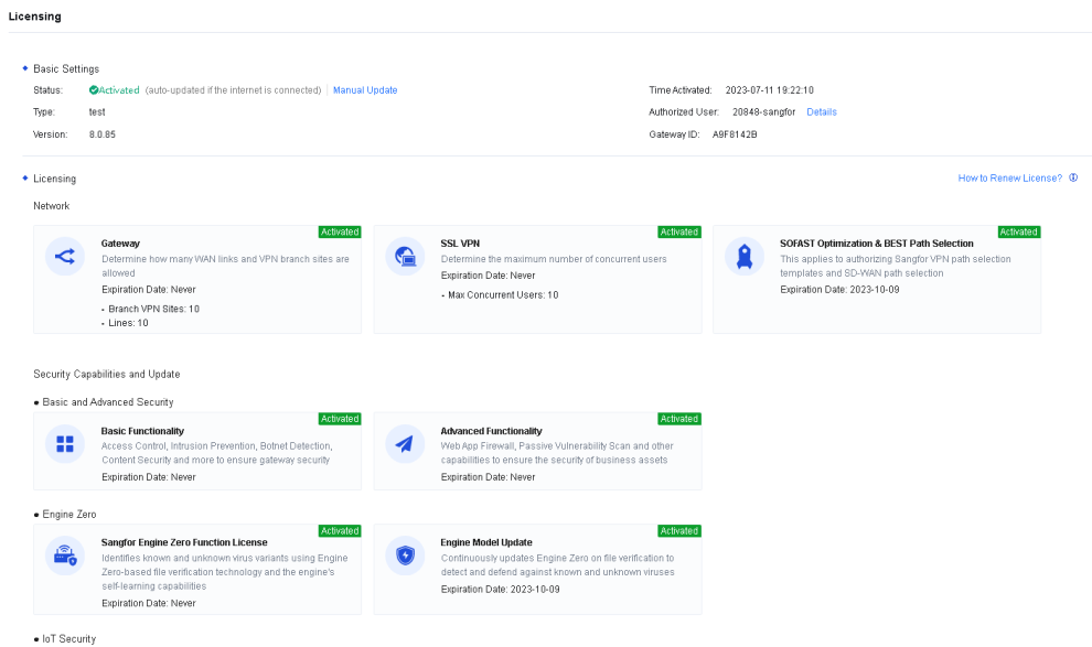 NGAF web UI showing continuation of Licensing page with IoT Security, Cloud Service Subscription (Neural-X New/Unknown Threat Update), and Software Upgrade sections - all Activated