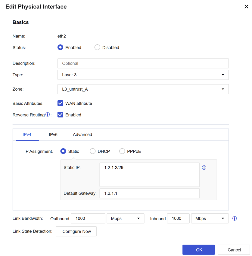 NGAF web UI showing Edit Physical Interface for WAN interface with Zone dropdown set to L3_untrust_A - demonstrates zone assignment to interface