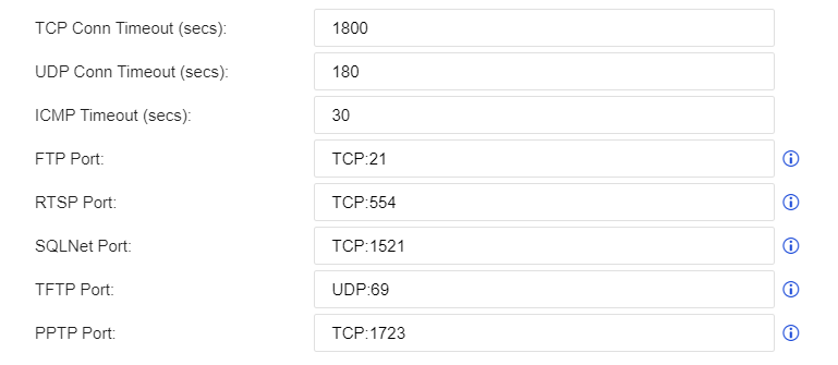 NGAF web UI showing TCP/UDP/ICMP connection timeout settings and application port settings (FTP:TCP:21, RTSP:TCP:554, SQLNet:TCP:1521, TFTP:UDP:69, PPTP:TCP:1723) - directly relevant to advanced networking configuration