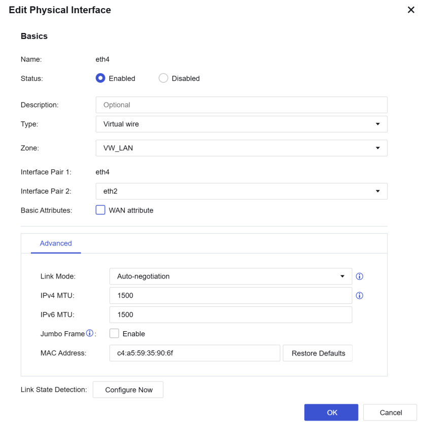 NGAF web UI showing Edit Physical Interface for eth4 as Virtual Wire type in VW_LAN zone, paired with eth2, showing how to create the wire pair