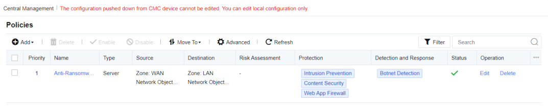 NGAF web UI showing Add Policy for Server Scenario wizard (Step 2: Risk Assessment) with Passive Vulnerability Scan checkbox and detection categories (WebShell, Vulnerability, Improper Configuration, Weak password)