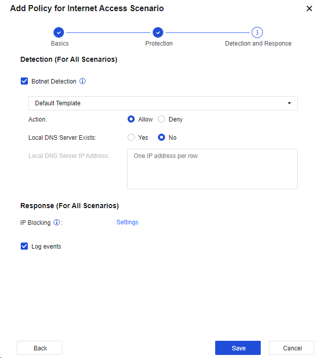 NGAF web UI showing Add Policy for Internet Access Scenario wizard (Step 1: Basics) with name 'User Protection', Source Zone LAN, Src Address private-network, Dst Zone WAN
