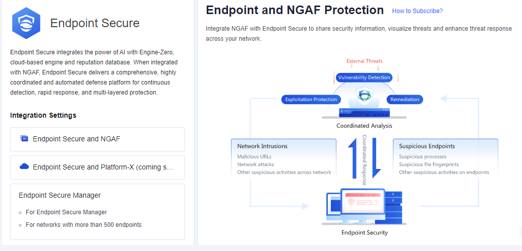 NGAF web UI showing Endpoint App Control dashboard with blocked app statistics (Psiphon highlighted), trend chart, and Endpoint Applications list showing App Names, Categories, and blocked/allowed counts