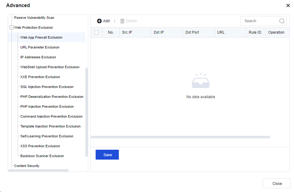NGAF web UI showing Advanced settings with Web App Firewall Exclusion selected, showing URL exclusion list columns (No, URL, Operation) under Web Protection Exclusion tree