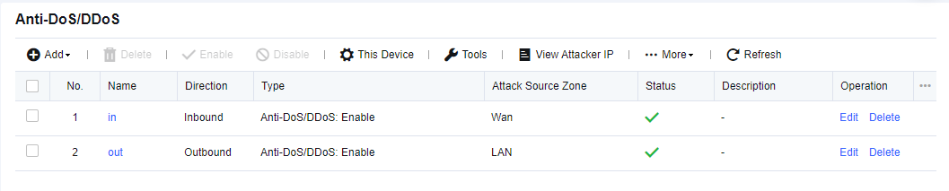 NGAF web UI showing Anti-DoS/DDoS policy list with two entries: 'in' (Inbound, Wan zone) and 'out' (Outbound, LAN zone), both enabled