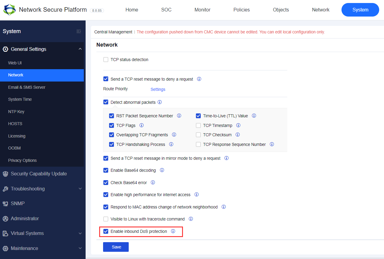 NGAF web UI showing DoS/DDoS Protection settings dialog with SYN Flood tab selected, showing Per-Dst-IP Packet Threshold (5000), Per-Dst-IP Packet Loss Threshold (10000), Per-Src-IP threshold (2000), and IP Lockout Duration (300s)